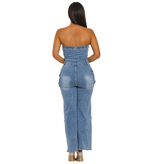 Strapless Cargo Denim Jumpsuit (Plus Size)